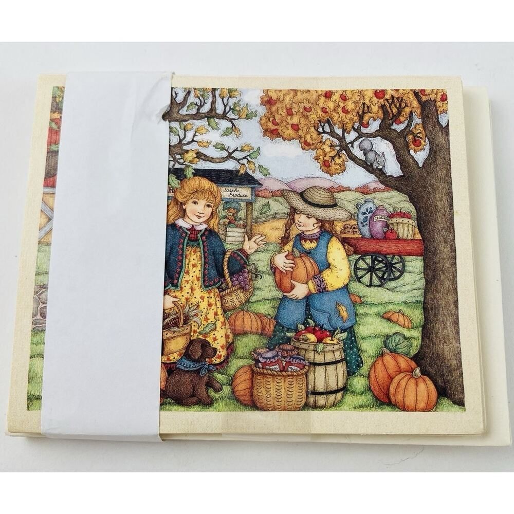 12 cards Notecards by LISA BLOWERS Blank 1995 Lang Girls Farming Pumpkins Fall C
